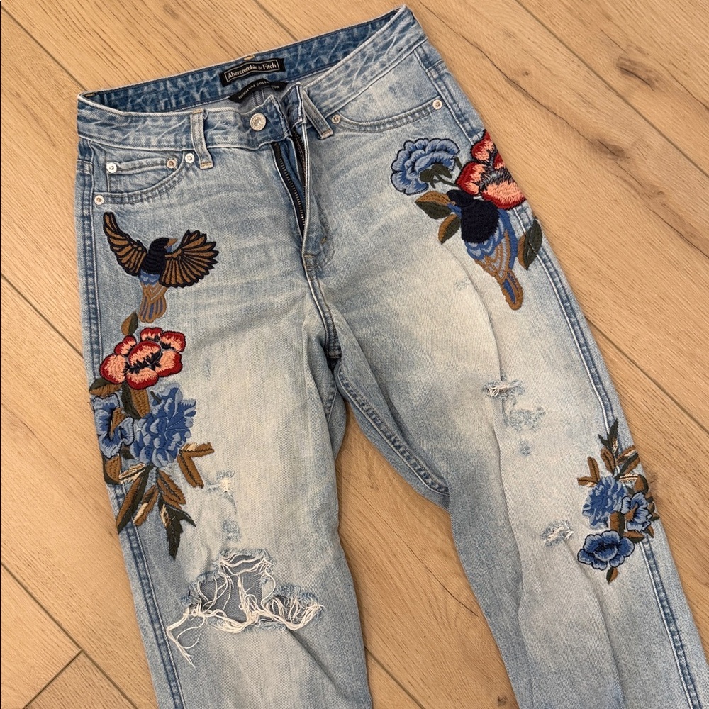 Abercrombie & Fitch Light Blue Embroidered Straight Leg Jeans